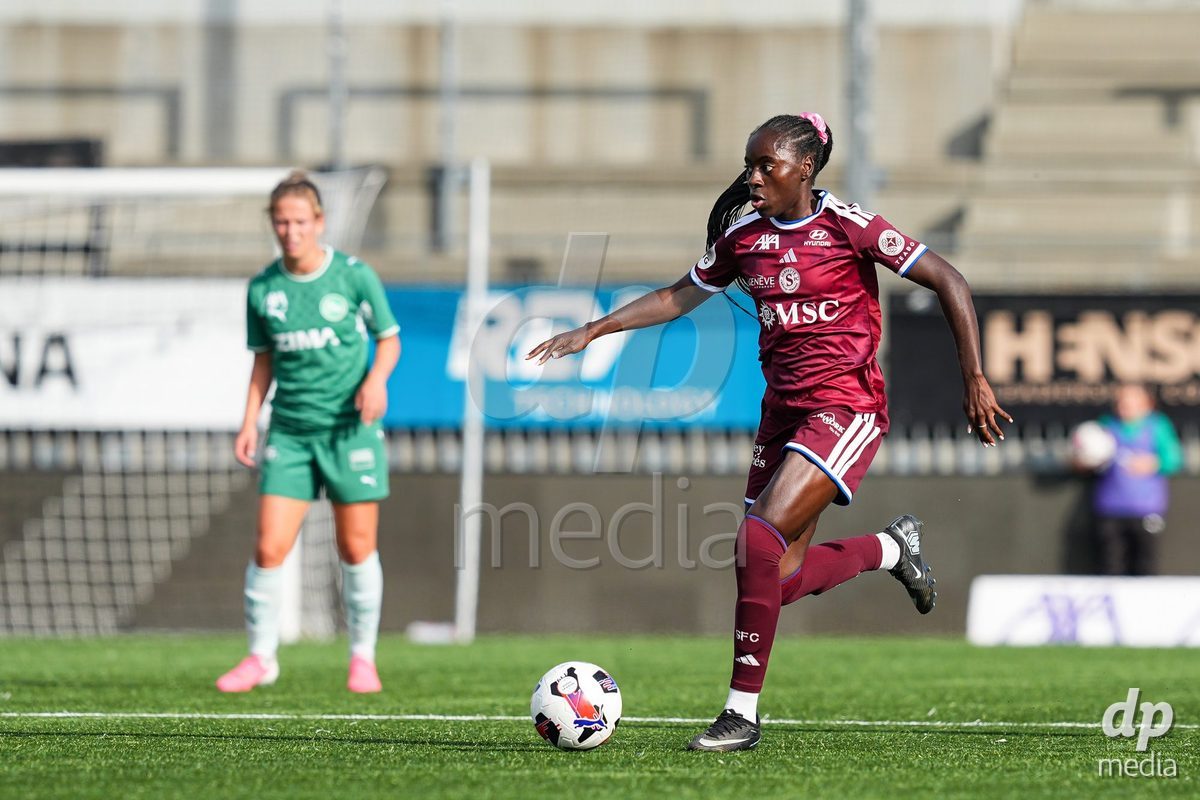 WIL, SWITZERLAND - OCTOBER 4: Benedicte Simon of Servette FC Chenois Feminin controls the ball during the AXA Women's Super League match between FC St. Gallen 1879 and Servette FC Chenois Feminin at Lidl Sportpark on October 4, 2026 in Wil, Switzerland.