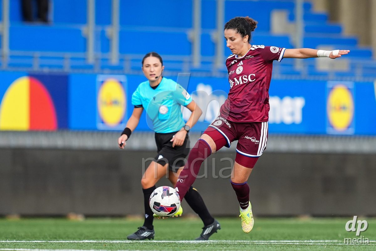 WIL, SWITZERLAND - OCTOBER 4: Ghoutia Karchouni of Servette FC Chenois Feminin controls the ball during the AXA Women's Super League match between FC St. Gallen 1879 and Servette FC Chenois Feminin at Lidl Sportpark on October 4, 2026 in Wil, Switzerland.
