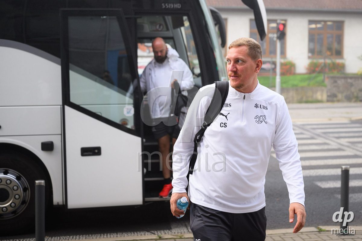 USTI NAD LABEM, CZECH REPUBLIC - OCTOBER 3: Claudio Spiege of Switzerland during the team's arrival at the stadium  before the International Friendly match between Slovakia and Switzerland on October 3, 2026 in Ustí nad Labem, Czech Republic.