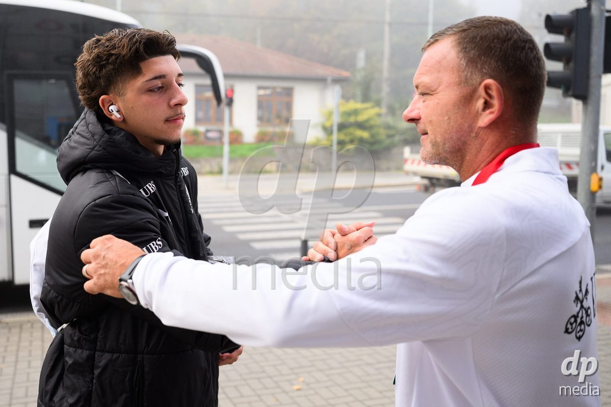 USTI NAD LABEM, CZECH REPUBLIC - OCTOBER 3:  Gabriel Roskovic of Switzerland and Alexandre Tschiember during the team's arrival at the stadium  before the International Friendly match between Slovakia and Switzerland on October 3, 2026 in Ustí nad Labem, Czech Republic.