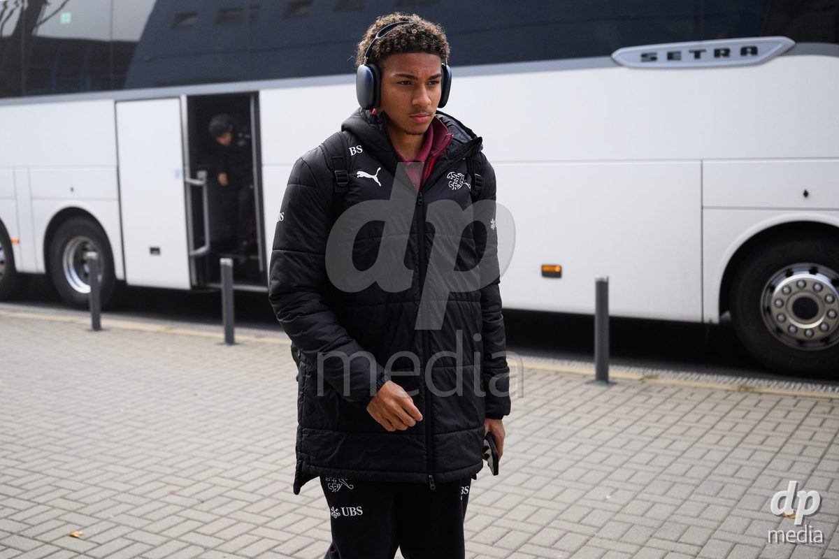 USTI NAD LABEM, CZECH REPUBLIC - OCTOBER 3:  Paolo Jamal Bascio of Switzerland during the team's arrival at the stadium  before the International Friendly match between Slovakia and Switzerland on October 3, 2026 in Ustí nad Labem, Czech Republic.