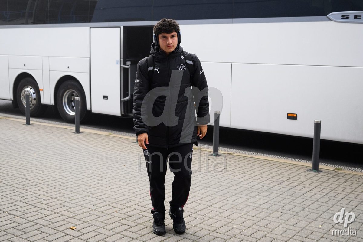 USTI NAD LABEM, CZECH REPUBLIC - OCTOBER 3:  David Pavic of Switzerland during the team's arrival at the stadium  before the International Friendly match between Slovakia and Switzerland on October 3, 2026 in Ustí nad Labem, Czech Republic.