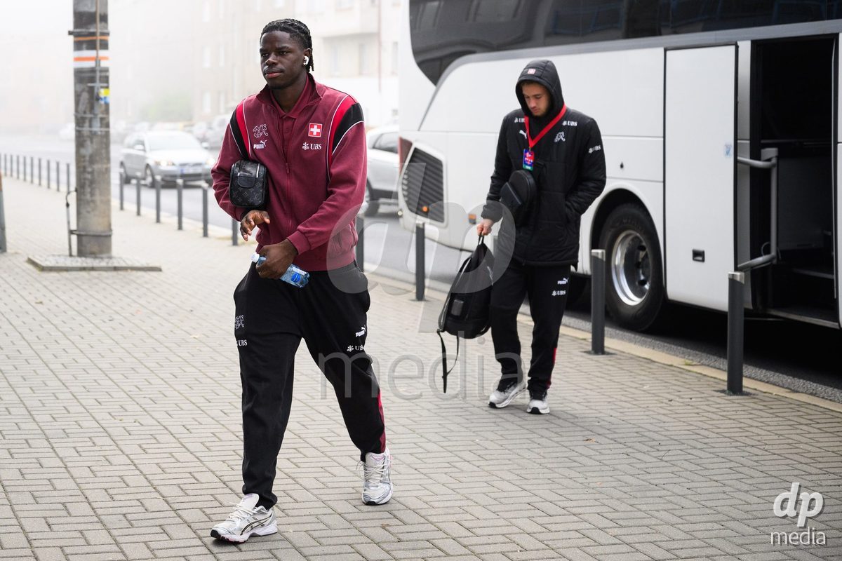 USTI NAD LABEM, CZECH REPUBLIC - OCTOBER 3:  Shedrach Ogbodu of Switzerland during the team's arrival at the stadium  before the International Friendly match between Slovakia and Switzerland on October 3, 2026 in Ustí nad Labem, Czech Republic.