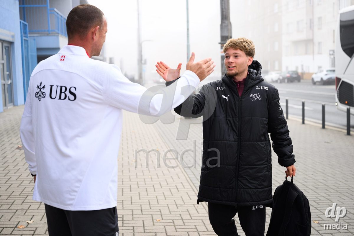 USTI NAD LABEM, CZECH REPUBLIC - OCTOBER 3:  Alexandre Tschiember and Matthew Wood of Switzerland during the team's arrival at the stadium  before the International Friendly match between Slovakia and Switzerland on October 3, 2026 in Ustí nad Labem, Czech Republic.