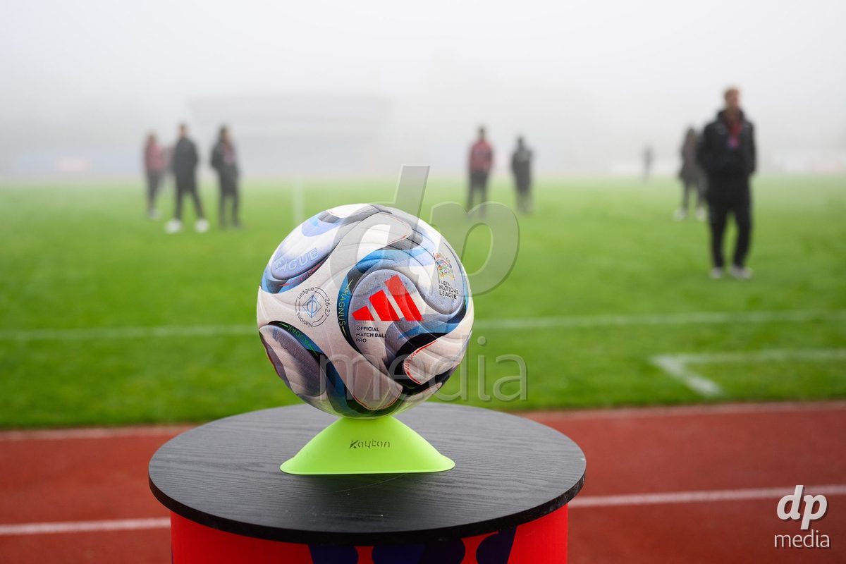 USTI NAD LABEM, CZECH REPUBLIC - OCTOBER 3:   The ball during team's pitch inspection of the stadium before the International Friendly match between Slovakia and Switzerland on October 3, 2026 in Ustí nad Labem, Czech Republic.
