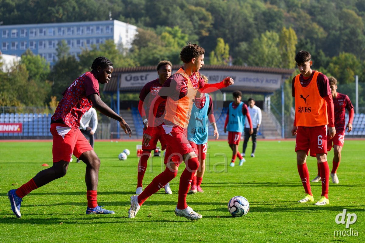 USTI NAD LABEM, CZECH REPUBLIC - OCTOBER 3: Shedrach Ogbodu (left) and Gabriel Roskovic of Switzerland during warm up before the International Friendly match between Slovakia and Switzerland on October 3, 2026 in Ustí nad Labem, Czech Republic.