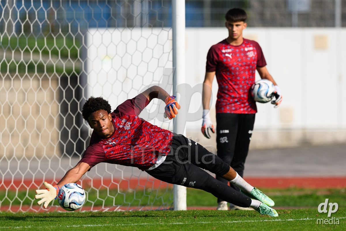 USTI NAD LABEM, CZECH REPUBLIC - OCTOBER 3:   Elijah Muogbo of Switzerland during warm up before the International Friendly match between Slovakia and Switzerland on October 3, 2026 in Ustí nad Labem, Czech Republic.