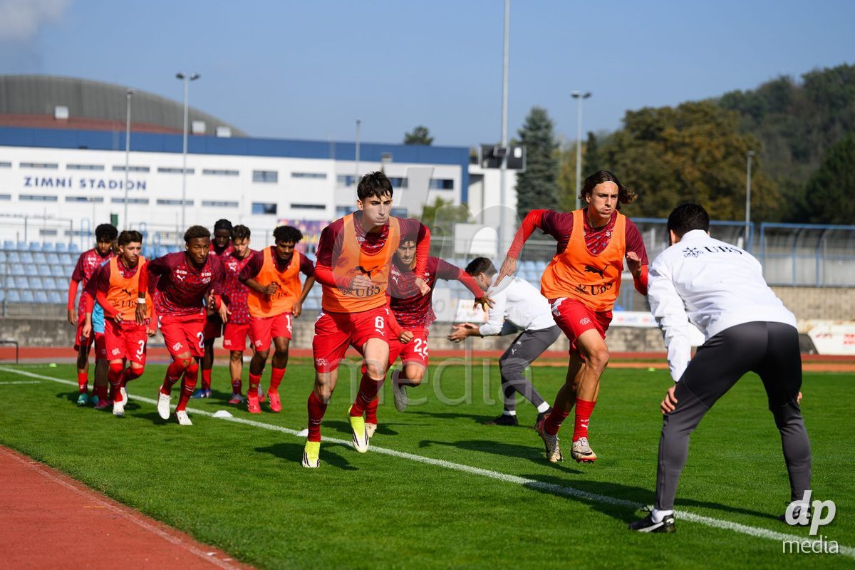USTI NAD LABEM, CZECH REPUBLIC - OCTOBER 3: Aldin Smajic (left) and Ivan Izquierdo of Switzerland during warm up before the International Friendly match between Slovakia and Switzerland on October 3, 2026 in Ustí nad Labem, Czech Republic.