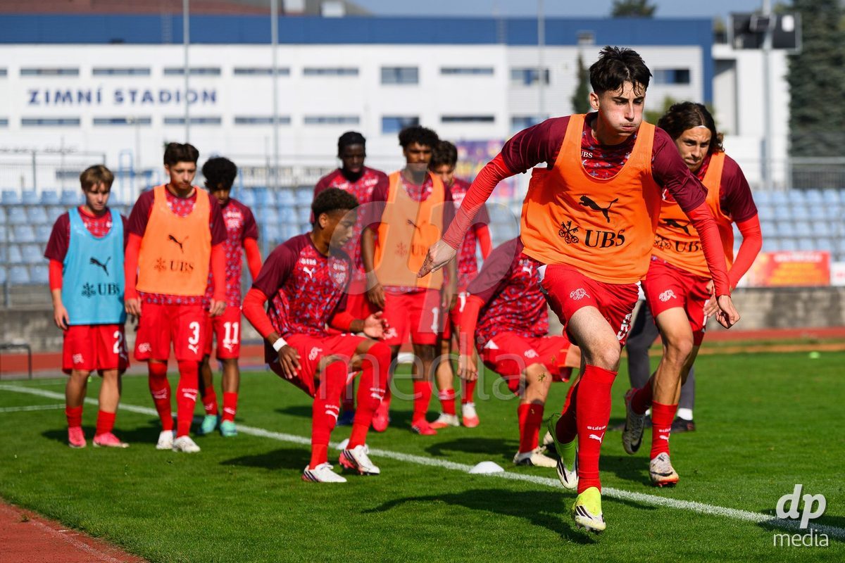 USTI NAD LABEM, CZECH REPUBLIC - OCTOBER 3: Aldin Smajic (left) and Ivan Izquierdo of Switzerland during warm up before the International Friendly match between Slovakia and Switzerland on October 3, 2026 in Ustí nad Labem, Czech Republic.