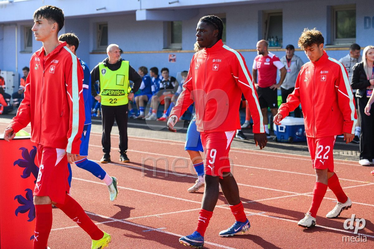 USTI NAD LABEM, CZECH REPUBLIC - OCTOBER 3: Aldin Smajic (left), Shedrach Ogbodu and Gregorijan Mihajlovski of Switzerland taking the field for the International Friendly match between Slovakia and Switzerland on October 3, 2026 in Ustí nad Labem, Czech Republic.