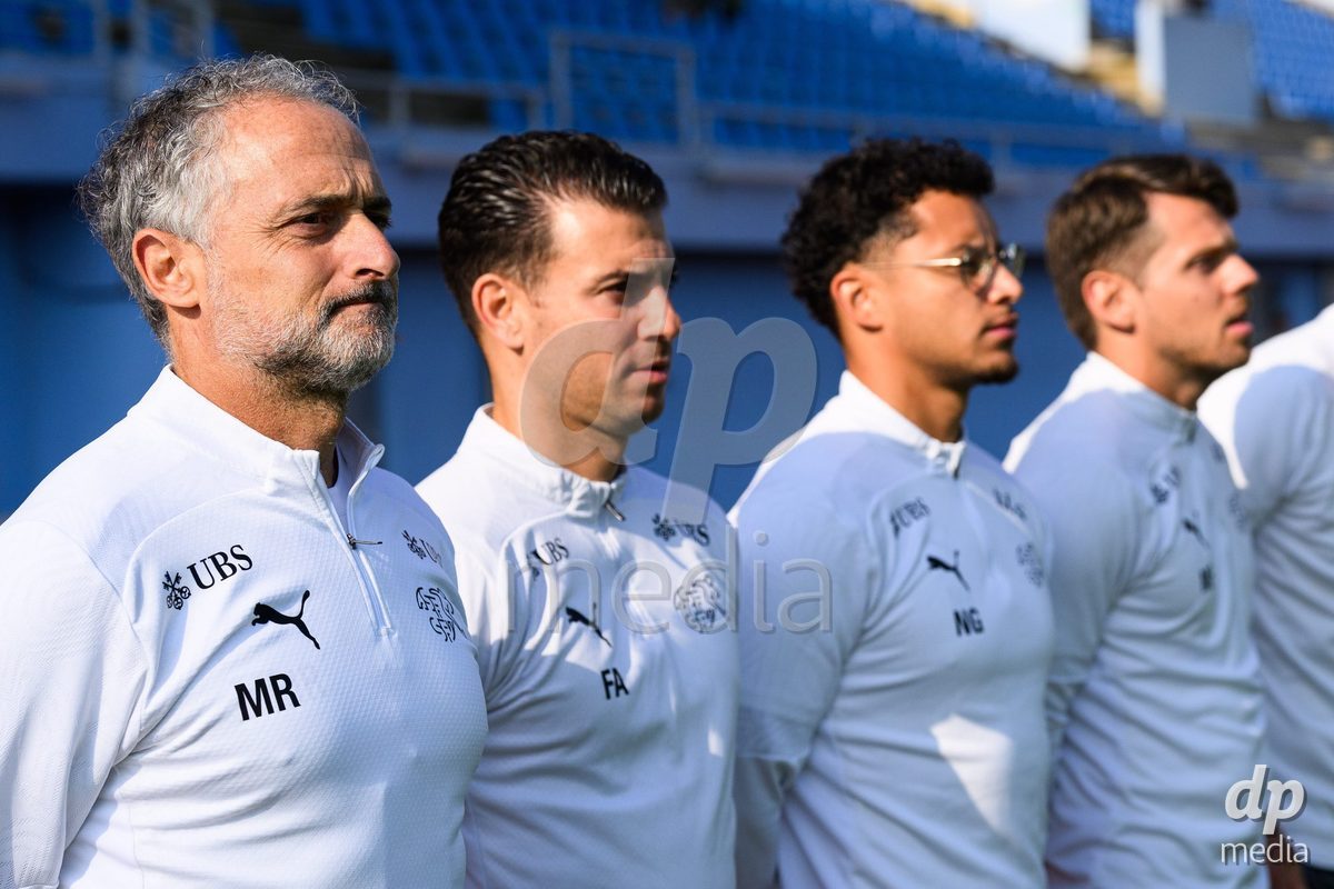 USTI NAD LABEM, CZECH REPUBLIC - OCTOBER 3: Coach of Switzerland Massimo Rizzo  during the anthembefore the International Friendly match between Slovakia and Switzerland on October 3, 2026 in Ustí nad Labem, Czech Republic.