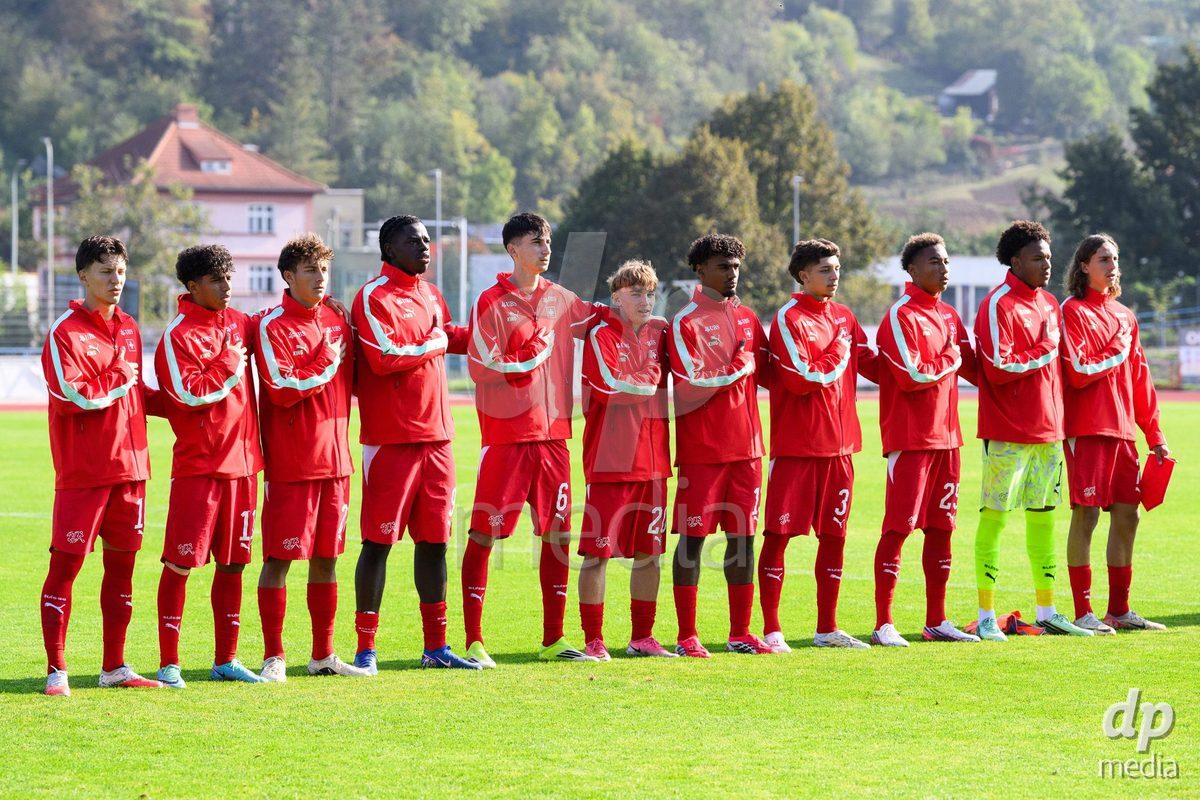 USTI NAD LABEM, CZECH REPUBLIC - OCTOBER 3: Team of Switzerland during the anthem the International Friendly match between Slovakia and Switzerland on October 3, 2026 in Ustí nad Labem, Czech Republic.