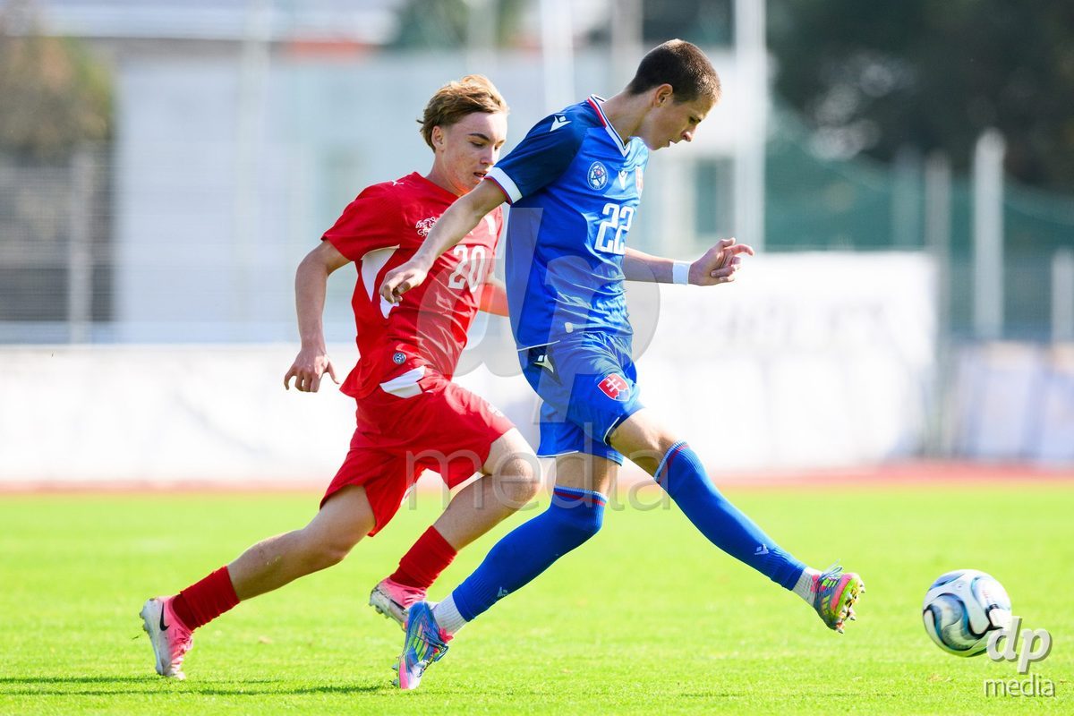 USTI NAD LABEM, CZECH REPUBLIC - OCTOBER 3: Luc Gigon of Switzerland (left) and Simon Hubona of Slovakia during the International Friendly match between Slovakia and Switzerland on October 3, 2026 in Ustí nad Labem, Czech Republic.