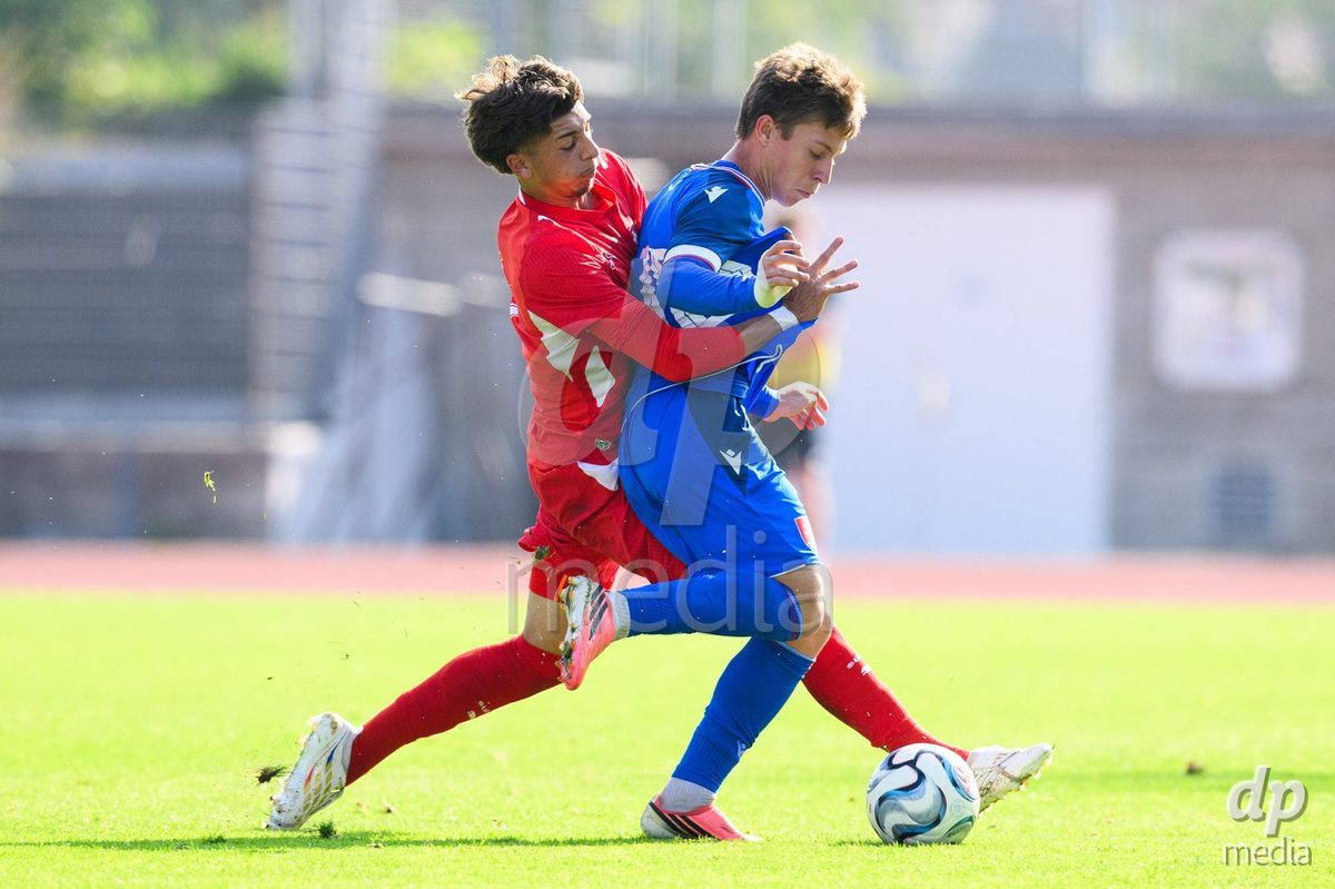 USTI NAD LABEM, CZECH REPUBLIC - OCTOBER 3: Gabriel Roskovic of Switzerland and Matus Tomasko of Slovakia during the International Friendly match between Slovakia and Switzerland on October 3, 2026 in Ustí nad Labem, Czech Republic.