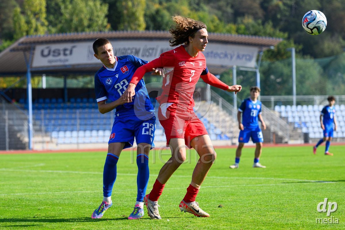 USTI NAD LABEM, CZECH REPUBLIC - OCTOBER 3: Simon Hubona of Slovakia and Ivan Izquierdo of Switzerland during the International Friendly match between Slovakia and Switzerland on October 3, 2026 in Ustí nad Labem, Czech Republic.