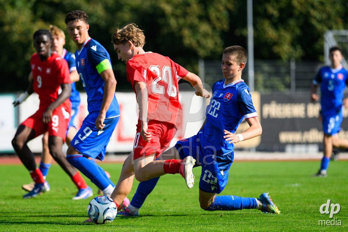 USTI NAD LABEM, CZECH REPUBLIC - OCTOBER 3: Luc Gigon of Switzerland and Simon Hubona of Slovakia during the International Friendly match between Slovakia and Switzerland on October 3, 2026 in Ustí nad Labem, Czech Republic.