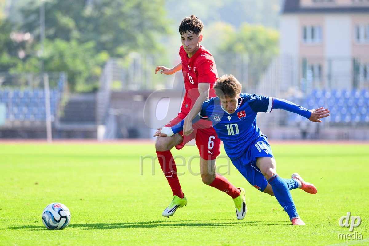 USTI NAD LABEM, CZECH REPUBLIC - OCTOBER 3:Aldin Smajic of Switzerland and Matus Tomasko of Slovakia during the International Friendly match between Slovakia and Switzerland on October 3, 2026 in Ustí nad Labem, Czech Republic.