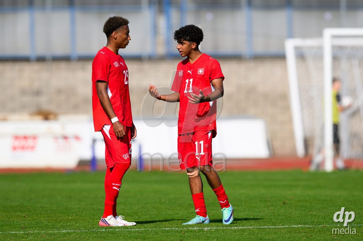 USTI NAD LABEM, CZECH REPUBLIC - OCTOBER 3: Mathis Dind (left) and Jean Doucoure of Switzerland during the International Friendly match between Slovakia and Switzerland on October 3, 2026 in Ustí nad Labem, Czech Republic.