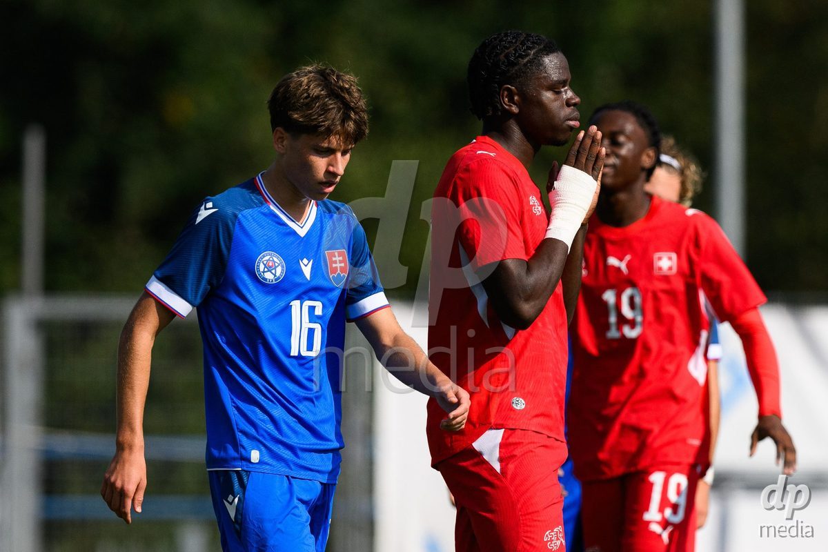 USTI NAD LABEM, CZECH REPUBLIC - OCTOBER 3: Lukas Schonwiesner of Slovakia (left) and Shedrach Ogbodu of Switzerland during the International Friendly match between Slovakia and Switzerland on October 3, 2026 in Ustí nad Labem, Czech Republic.