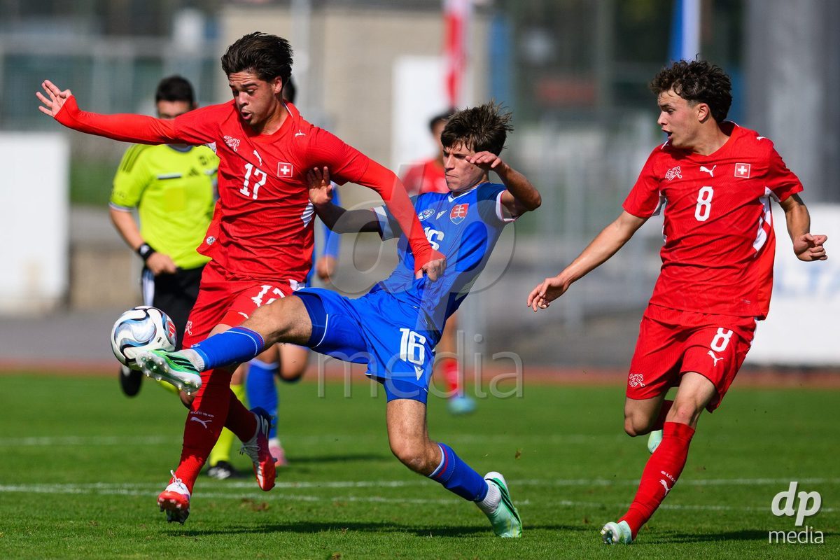 USTI NAD LABEM, CZECH REPUBLIC - OCTOBER 3: Timo Wiesner of Switzerland (left), Lukas Schonwiesner of Slovakia and Stefan Furundzic of Switzerland during the International Friendly match between Slovakia and Switzerland on October 3, 2026 in Ustí nad Labem, Czech Republic.