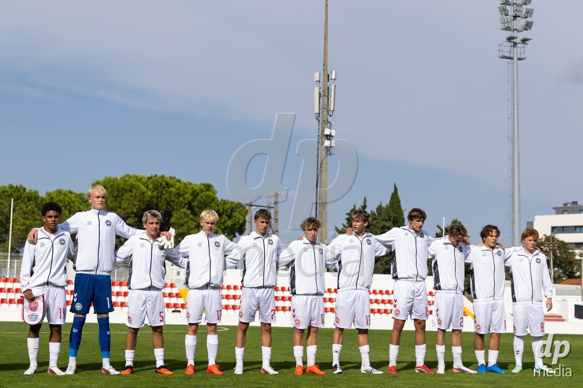 SANTAREM, PORTUGAL - OCTOBER 3: Players during the national anthem before the International Friendly match between Denmark U16 and Turkiye U16 at Campo Cha das Padeiras on October 3, 2026 in Santarem, Portugal.