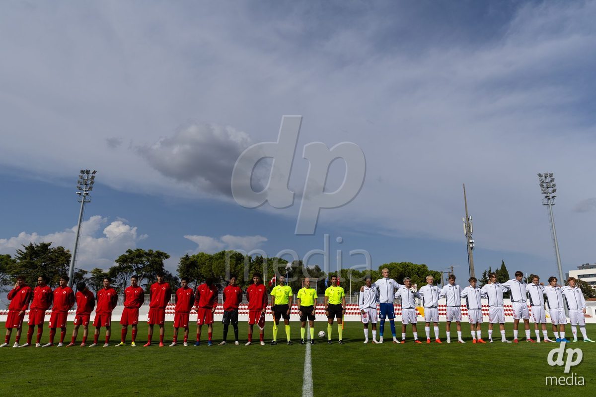 SANTAREM, PORTUGAL - OCTOBER 3: Players during the national anthem before the International Friendly match between Denmark U16 and Turkiye U16 at Campo Cha das Padeiras on October 3, 2026 in Santarem, Portugal.