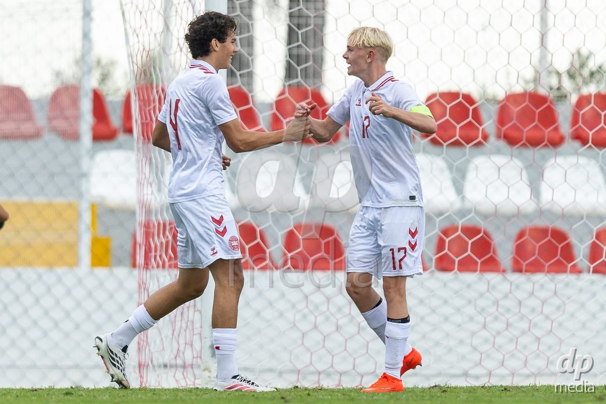 SANTAREM, PORTUGAL - OCTOBER 3: Eskild Frederiksen and Marius Casamorin celebrating at the end of the International Friendly match between Denmark U16 and Turkiye U16 at Campo Cha das Padeiras on October 3, 2026 in Santarem, Portugal.