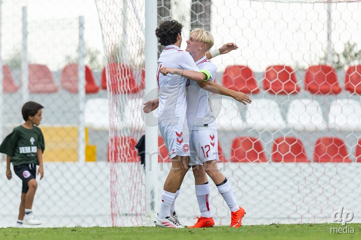 SANTAREM, PORTUGAL - OCTOBER 3: Eskild Frederiksen and Marius Casamorin celebrating at the end of the International Friendly match between Denmark U16 and Turkiye U16 at Campo Cha das Padeiras on October 3, 2026 in Santarem, Portugal.