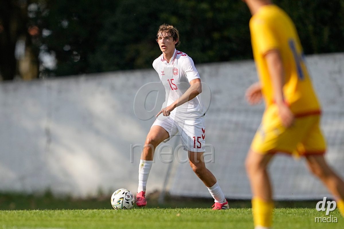 CALDAS DA RAINHA, PORTUGAL - OCTOBER 6: Mathias Thyssen of Denmark during the International Friendly match between Romania U16 and Denmark U16 at Campo da Mata on October 6, 2026 in Caldas da Rainha, Portugal.