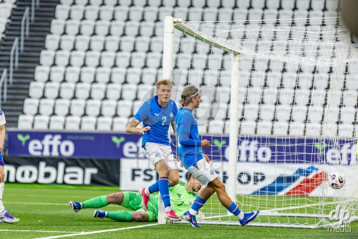 TORSHAVN, FAROE ISLANDS - OCTOBER 6: First goal of Benoný Breki Andrésson of Iceland during the UEFA European Qualifiers match between Faroe Islands U21 and Iceland U21 at Torsvollur on October 6, 2026 in Torshavn, Faroe Islands.