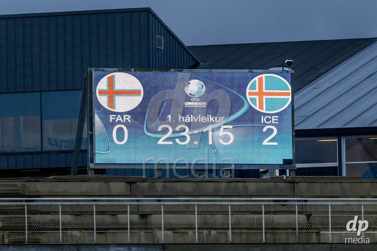 TORSHAVN, FAROE ISLANDS - OCTOBER 6: Score board during the UEFA European Qualifiers match between Faroe Islands U21 and Iceland U21 at Torsvollur on October 6, 2026 in Torshavn, Faroe Islands.