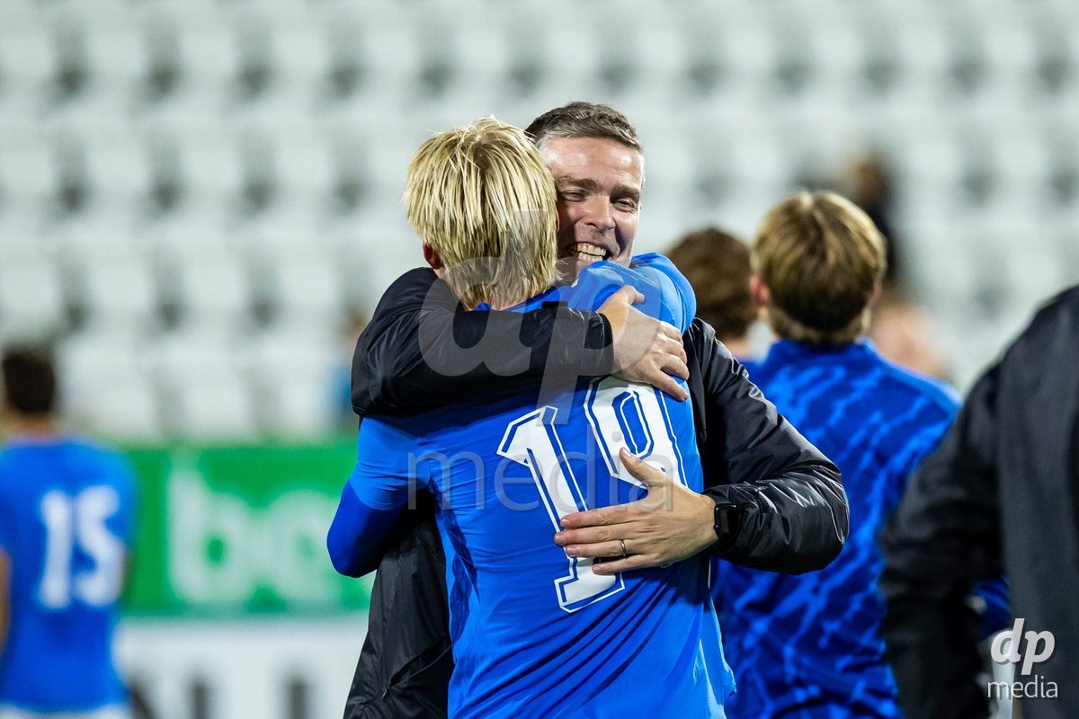 TORSHAVN, FAROE ISLANDS - OCTOBER 6: Stígur Diljan Þórðarson of Iceland and Lúðvík Gunnarsson of Iceland during the UEFA European Qualifiers match between Faroe Islands U21 and Iceland U21 at Torsvollur on October 6, 2026 in Torshavn, Faroe Islands.