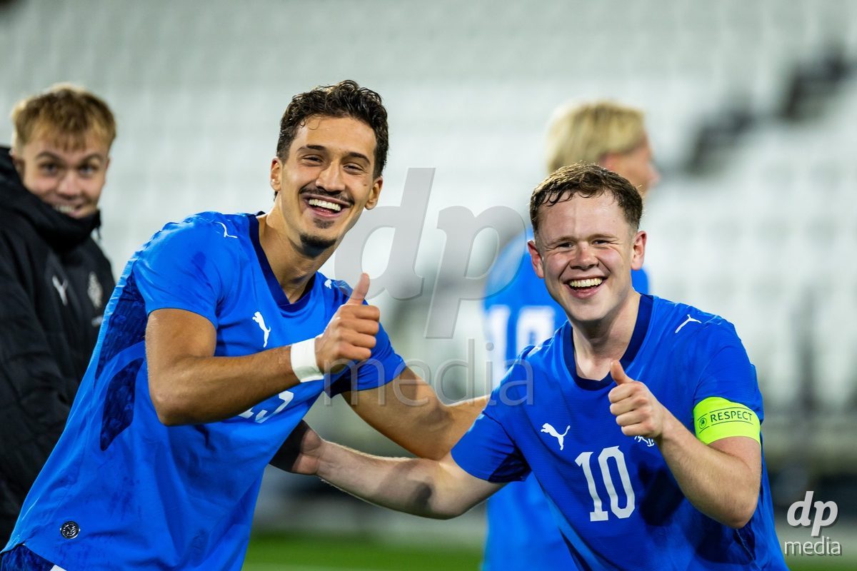 TORSHAVN, FAROE ISLANDS - OCTOBER 6: Amin Cosic of Iceland and Eggert Aron Guðmundsson of Iceland during the UEFA European Qualifiers match between Faroe Islands U21 and Iceland U21 at Torsvollur on October 6, 2026 in Torshavn, Faroe Islands.