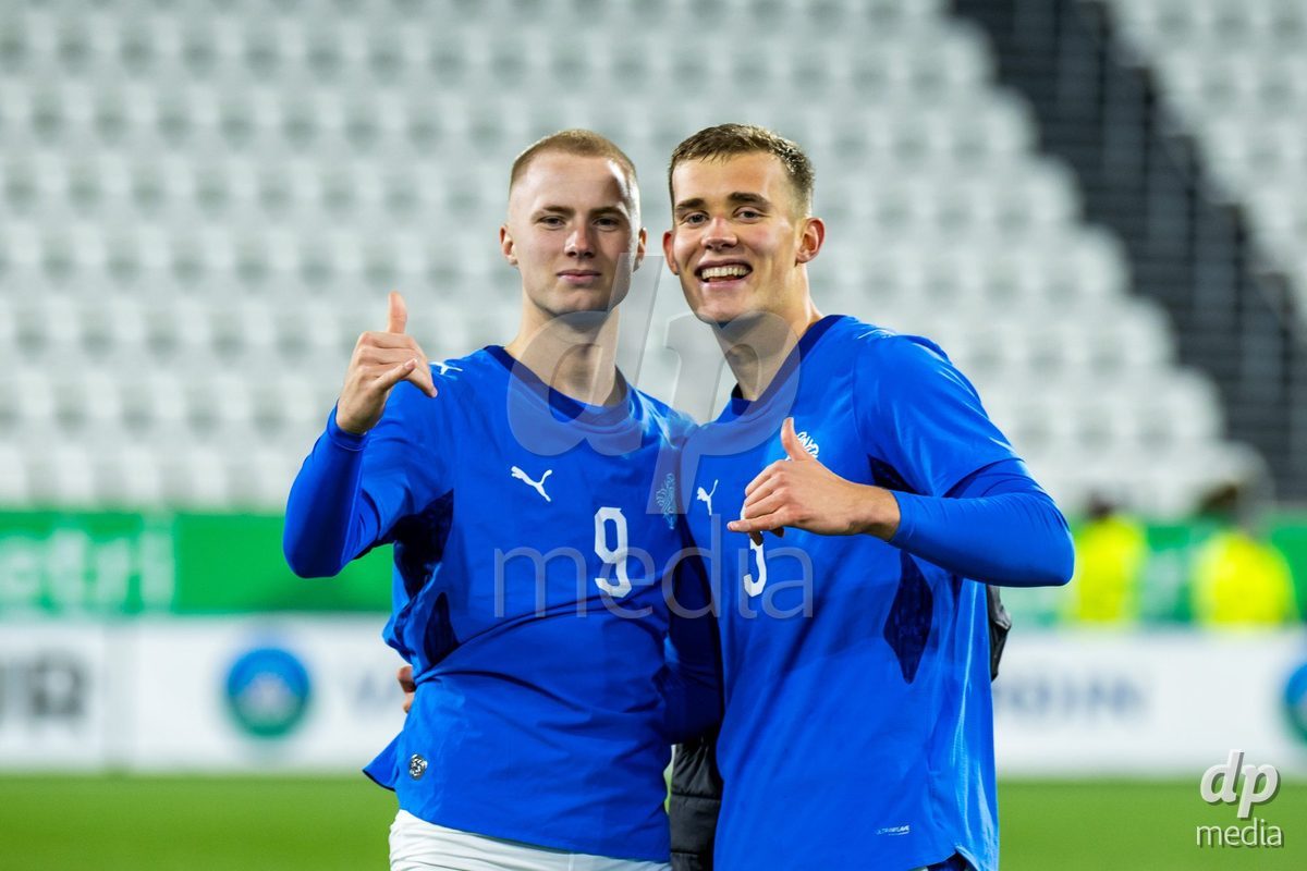 TORSHAVN, FAROE ISLANDS - OCTOBER 6: Daníel Tristan Guðjohnsen of Iceland and Júlíus Mar Júlíusson of Iceland during the UEFA European Qualifiers match between Faroe Islands U21 and Iceland U21 at Torsvollur on October 6, 2026 in Torshavn, Faroe Islands.