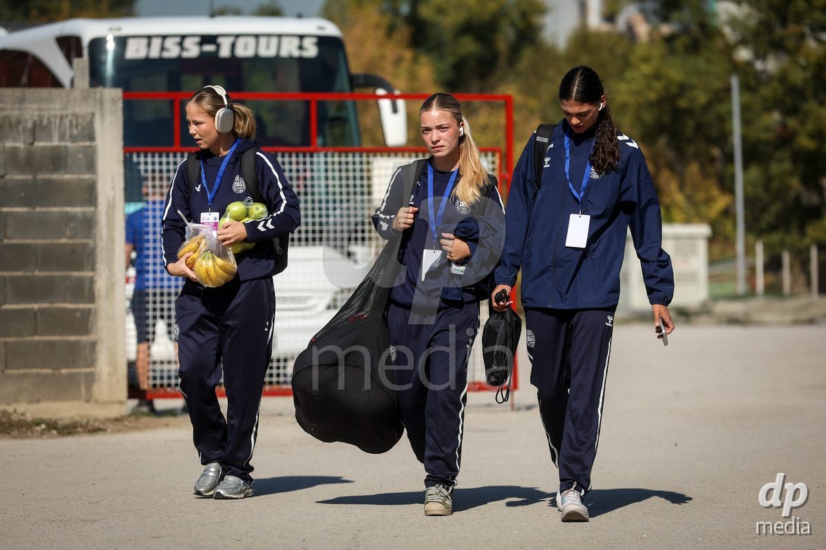 KAKANJ, BOSNIA AND HERZEGOVINA - OCTOBER 7: Caroline Ahle, Evelina Thygesen and Mila Bischoff of Denmark during the UEFA Womens European Under-19 Qualifier match between England and Denmark at Mladost Stadium on October 7, 2026 in Kakanj, Bosnia and Herzegovina.