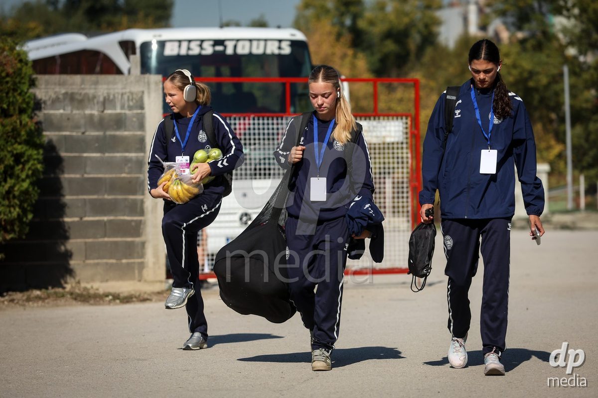 KAKANJ, BOSNIA AND HERZEGOVINA - OCTOBER 7: Caroline Ahle, Evelina Thygesen and Mila Bischoff of Denmark during the UEFA Womens European Under-19 Qualifier match between England and Denmark at Mladost Stadium on October 7, 2026 in Kakanj, Bosnia and Herzegovina.
