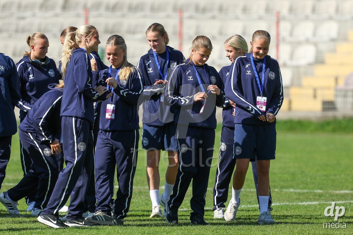 KAKANJ, BOSNIA AND HERZEGOVINA - OCTOBER 7: Evelina Thygesen, Andrea Thierry, Nicoline Jorgensen Klintskov, Frederikke Ludvigsen and Sarah Lindorff Vinther of Denmark during the UEFA Womens European Under-19 Qualifier match between England and Denmark at Mladost Stadium on October 7, 2026 in Kakanj, Bosnia and Herzegovina.