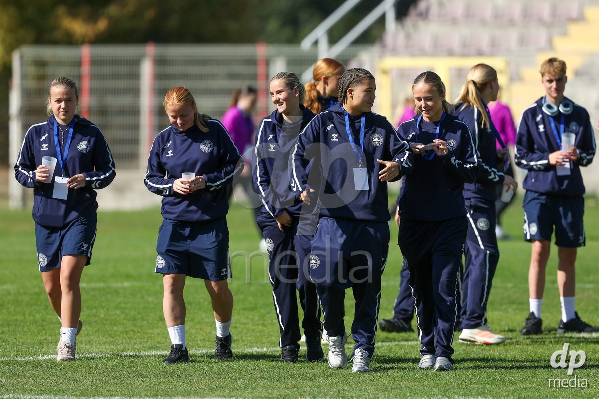 KAKANJ, BOSNIA AND HERZEGOVINA - OCTOBER 7: Froya Stubgaard Ebbesvik, Nellie Mulvad Gejel and Caroline Ahle of Denmark during the UEFA Womens European Under-19 Qualifier match between England and Denmark at Mladost Stadium on October 7, 2026 in Kakanj, Bosnia and Herzegovina.