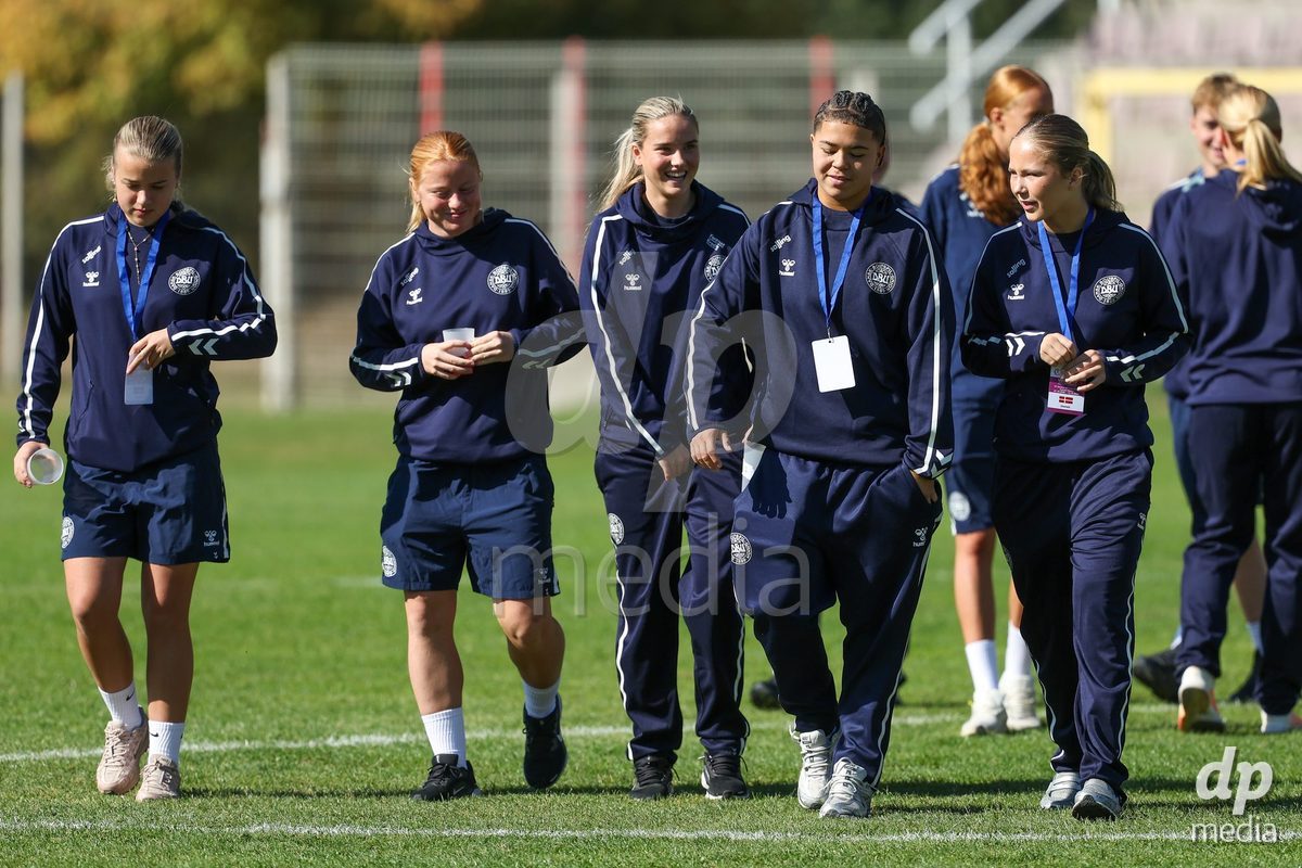 KAKANJ, BOSNIA AND HERZEGOVINA - OCTOBER 7: Froya Stubgaard Ebbesvik, Nellie Mulvad Gejel, Thea Petersen and Caroline Ahle of Denmark during the UEFA Womens European Under-19 Qualifier match between England and Denmark at Mladost Stadium on October 7, 2026 in Kakanj, Bosnia and Herzegovina.