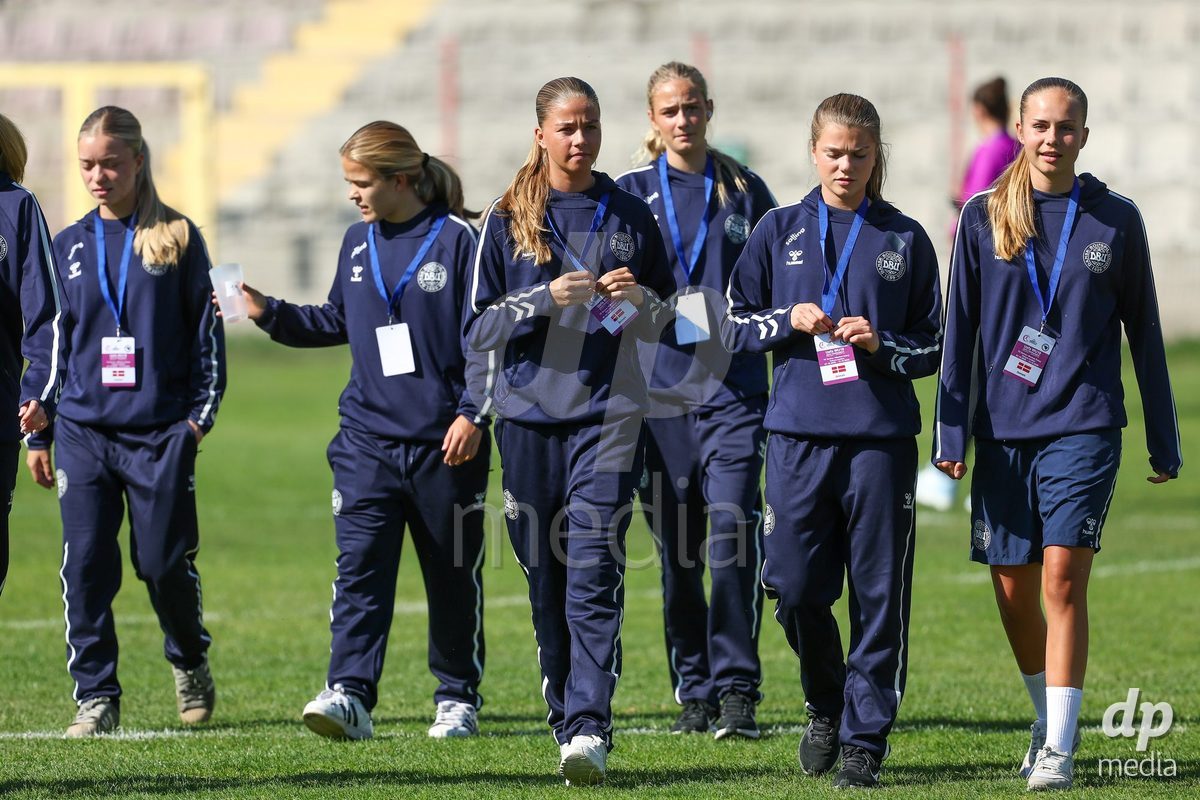 KAKANJ, BOSNIA AND HERZEGOVINA - OCTOBER 7: Josephine Behrmann Lamp, Nicoline Jorgensen Klintskov and Sarah Lindorff Vinther of Denmark during the UEFA Womens European Under-19 Qualifier match between England and Denmark at Mladost Stadium on October 7, 2026 in Kakanj, Bosnia and Herzegovina.