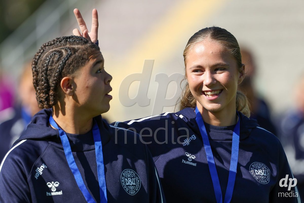 KAKANJ, BOSNIA AND HERZEGOVINA - OCTOBER 7: Thea Petersen and Caroline Ahle of Denmark during the UEFA Womens European Under-19 Qualifier match between England and Denmark at Mladost Stadium on October 7, 2026 in Kakanj, Bosnia and Herzegovina.