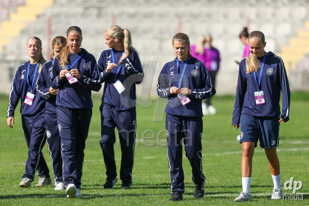 KAKANJ, BOSNIA AND HERZEGOVINA - OCTOBER 7: Josephine Behrmann Lamp, Nicoline Jorgensen Klintskov and Sarah Lindorff Vinther of Denmark during the UEFA Womens European Under-19 Qualifier match between England and Denmark at Mladost Stadium on October 7, 2026 in Kakanj, Bosnia and Herzegovina.