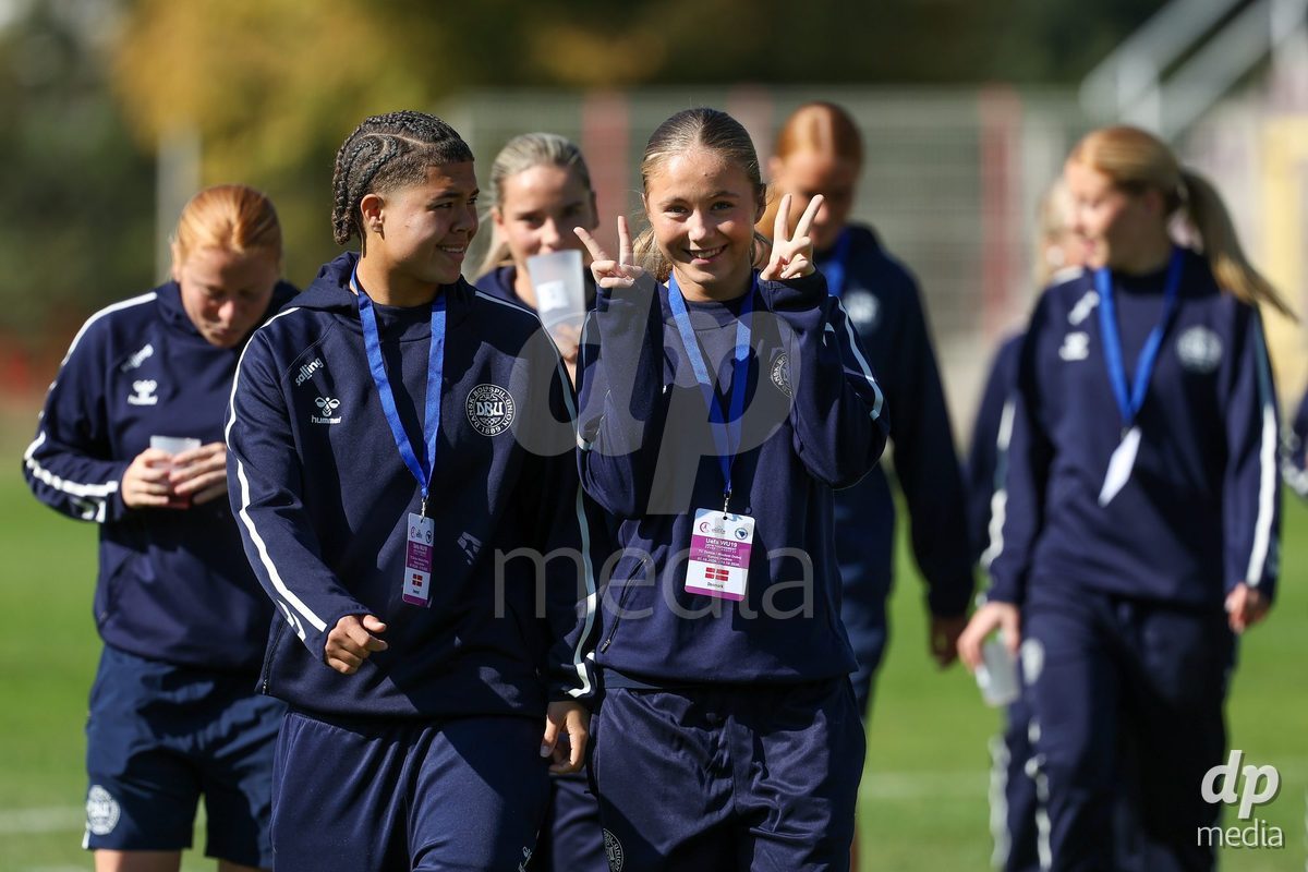 KAKANJ, BOSNIA AND HERZEGOVINA - OCTOBER 7: Alberte Mott, Thea Petersen, Nellie Mulvad Gejel and Caroline Ahle of Denmark during the UEFA Womens European Under-19 Qualifier match between England and Denmark at Mladost Stadium on October 7, 2026 in Kakanj, Bosnia and Herzegovina.