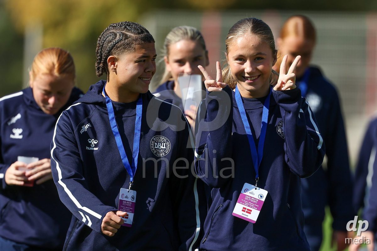 KAKANJ, BOSNIA AND HERZEGOVINA - OCTOBER 7: Alberte Mott, Thea Petersen, Nellie Mulvad Gejel and Caroline Ahle of Denmark during the UEFA Womens European Under-19 Qualifier match between England and Denmark at Mladost Stadium on October 7, 2026 in Kakanj, Bosnia and Herzegovina.