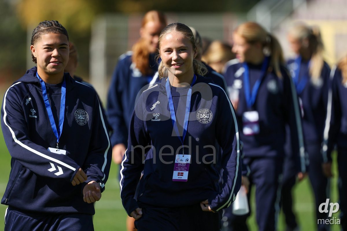KAKANJ, BOSNIA AND HERZEGOVINA - OCTOBER 7: Thea Petersen and Caroline Ahle of Denmark during the UEFA Womens European Under-19 Qualifier match between England and Denmark at Mladost Stadium on October 7, 2026 in Kakanj, Bosnia and Herzegovina.