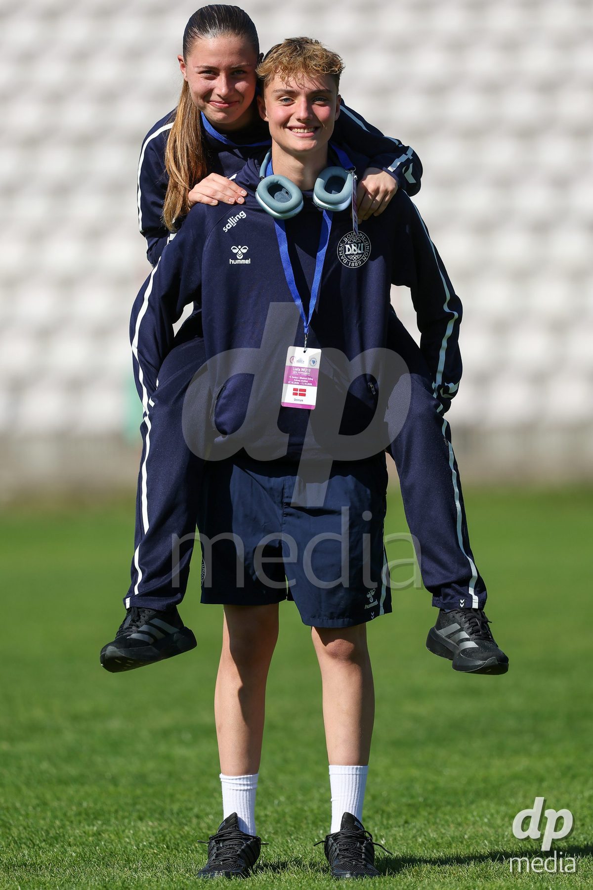 KAKANJ, BOSNIA AND HERZEGOVINA - OCTOBER 7: Isabella Andersen and Isabella Damm of Denmark during the UEFA Womens European Under-19 Qualifier match between England and Denmark at Mladost Stadium on October 7, 2026 in Kakanj, Bosnia and Herzegovina.