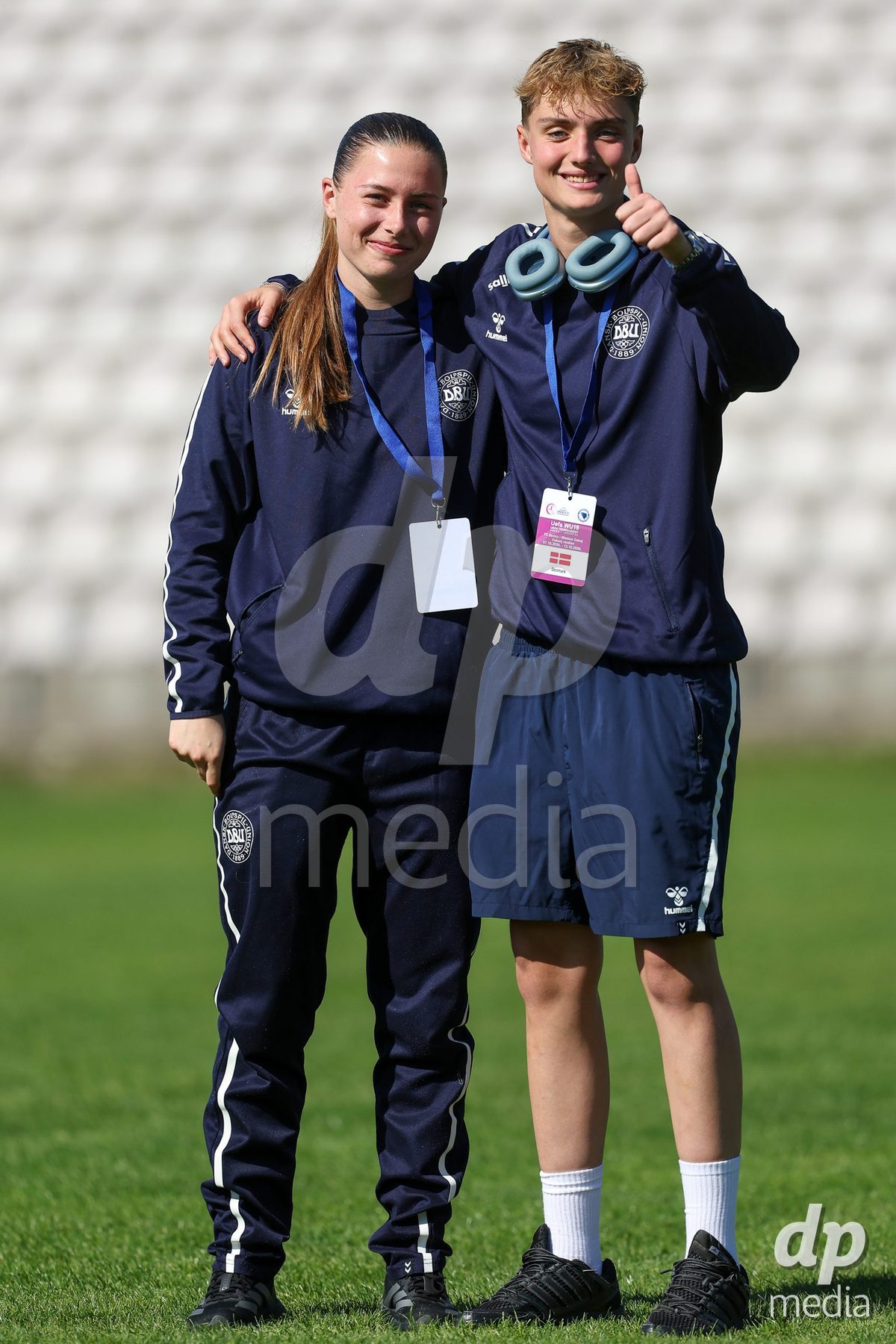 KAKANJ, BOSNIA AND HERZEGOVINA - OCTOBER 7: Isabella Andersen and Isabella Damm of Denmark during the UEFA Womens European Under-19 Qualifier match between England and Denmark at Mladost Stadium on October 7, 2026 in Kakanj, Bosnia and Herzegovina.