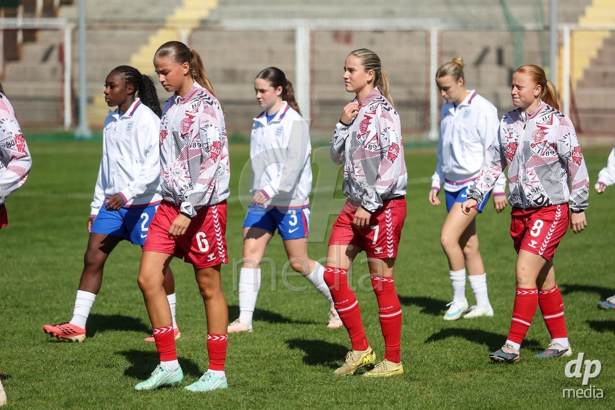 KAKANJ, BOSNIA AND HERZEGOVINA - OCTOBER 7: Josephine Behrmann Lamp, Nellie Mulvad Gejel and Alberte Mott of Denmark during the UEFA Womens European Under-19 Qualifier match between England and Denmark at Mladost Stadium on October 7, 2026 in Kakanj, Bosnia and Herzegovina.