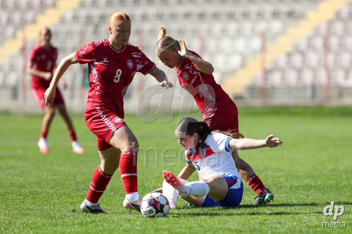 KAKANJ, BOSNIA AND HERZEGOVINA - OCTOBER 7: Alberte Mott, Astrid Engsig-Karup of Denmark and Katie Scott of England during the UEFA Womens European Under-19 Qualifier match between England and Denmark at Mladost Stadium on October 7, 2026 in Kakanj, Bosnia and Herzegovina.