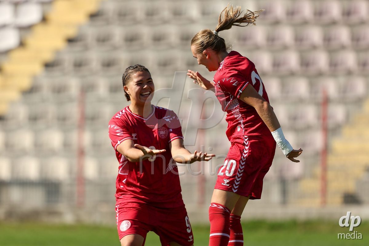 KAKANJ, BOSNIA AND HERZEGOVINA - OCTOBER 7: Thea Petersen and Nikoline Nielsen od Denmark during the UEFA Womens European Under-19 Qualifier match between England and Denmark at Mladost Stadium on October 7, 2026 in Kakanj, Bosnia and Herzegovina.
